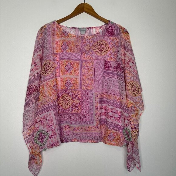 Chicos Blouse Coastal Tile Chiffon Bubble Hem Pink Orange XL - Picture 1 of 12